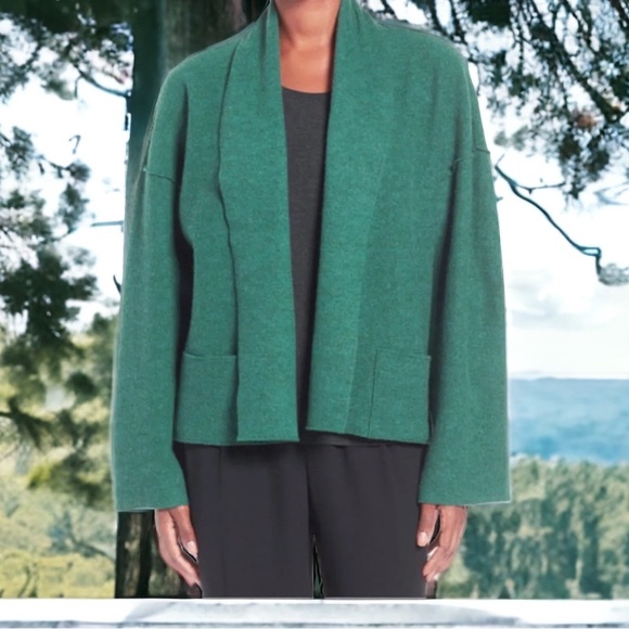 $278 Eileen Fisher Kimono Cardigan Merino Wool Small 6 8 Optional Pin Evergreen